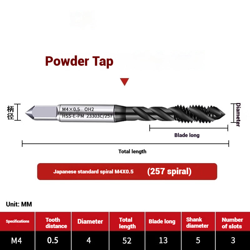1101-OST High Speed Steel Powder Tap Japanese Standard Apex Screw Point Spiral Powder Metallurgy Tapping Coated Tap Shandong Denso Pricision Tools Co.,Ltd.